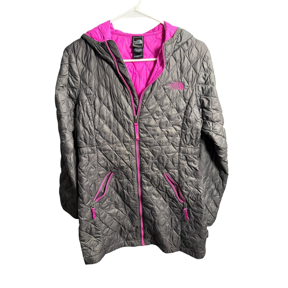 The North Face Girls Grey Pink Quilted Hooded Puffer Jacket Coat Size L 14/16